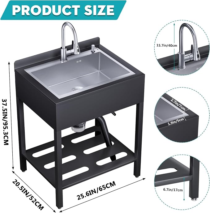 25.6inch Stainless Steel Freestanding Utility Sink - Image 2