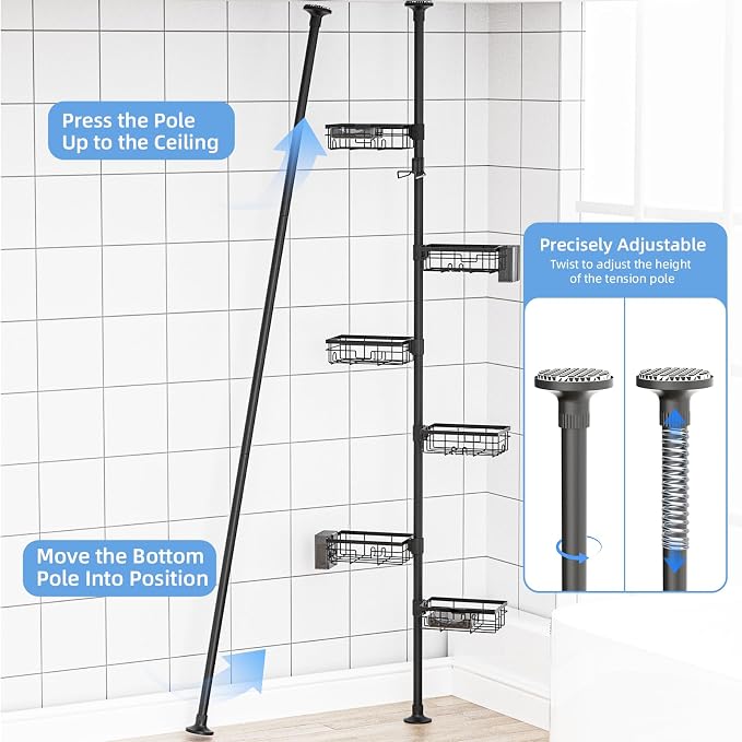 GearFusion Shower Caddy Organizer Tension Pole, Rustproof 4 Tier Corner Shower - Image 8