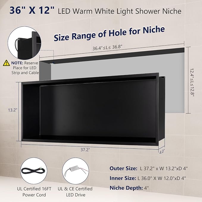 36" X 12" Stainless Steel Shower Niche, LED Shower Niche No Tile Needed - Image 2