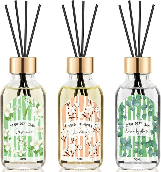 Reed Diffuser of 3 Pack, Linen Eucalyptus Jasmine Oil Diffuser Set by THEGOODSOULPROJECT