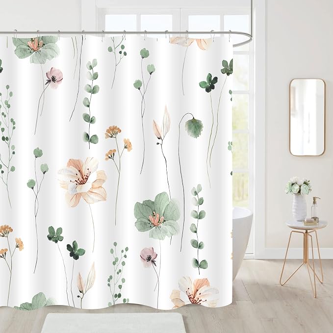 Gibelle Watercolor Floral Shower Curtain, Sage Green Beige Flower Shower Curtain - Image 2