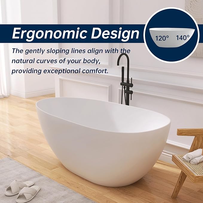 59" Stone Resin Freestanding Bathtub, Oval Solid Surface Bathroom Freestanding - Image 5