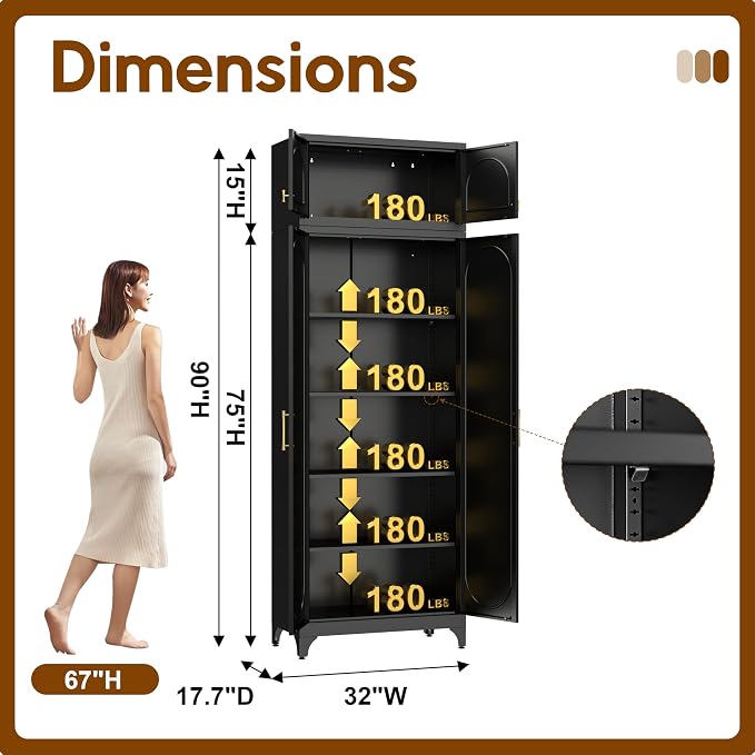 90" Metal Kitchen Pantry Cabinet, Freestanding Kitchen Storage Cabinet - Image 2