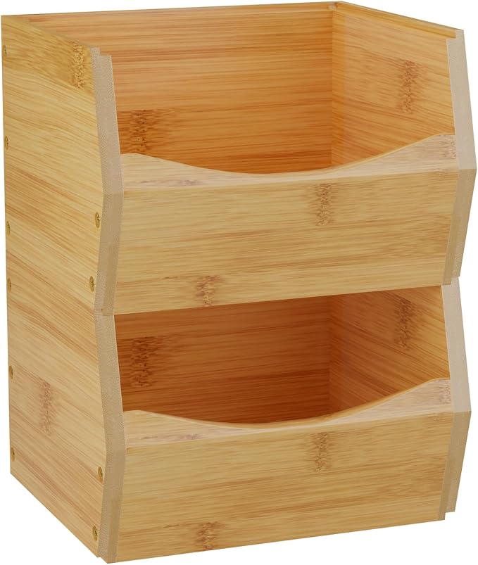 2 Set Open Front Small Stackable Storage Bins, Bamboo Stacking Storage Bins - Image 8