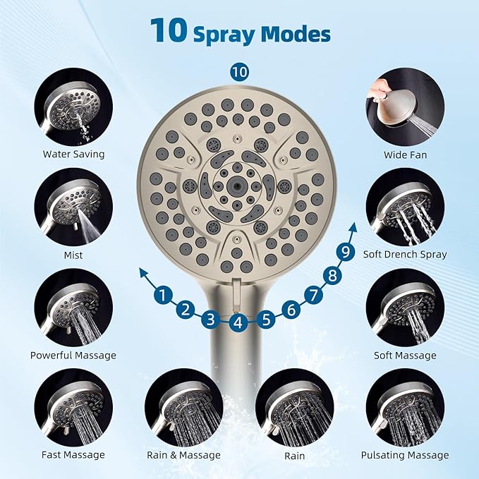 Hibbent All Metal Shower Head, 10 Sprays, Showerhead Holder, Brushed Nickel - Image 4