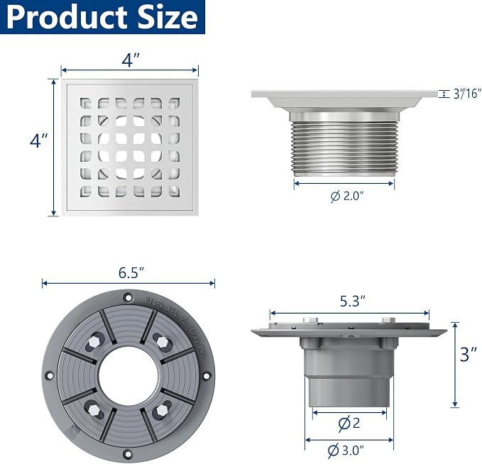 Neodrain Square Shower Drain, 4 inch Stainless Steel 304 Grate and PVC Drain - Image 2