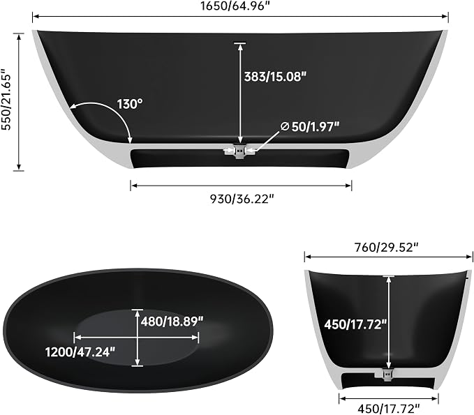 SJ STAR&JANE 65" Solid Surface Freestanding Bathtub, Oval Soaking Stone Resin - Image 6