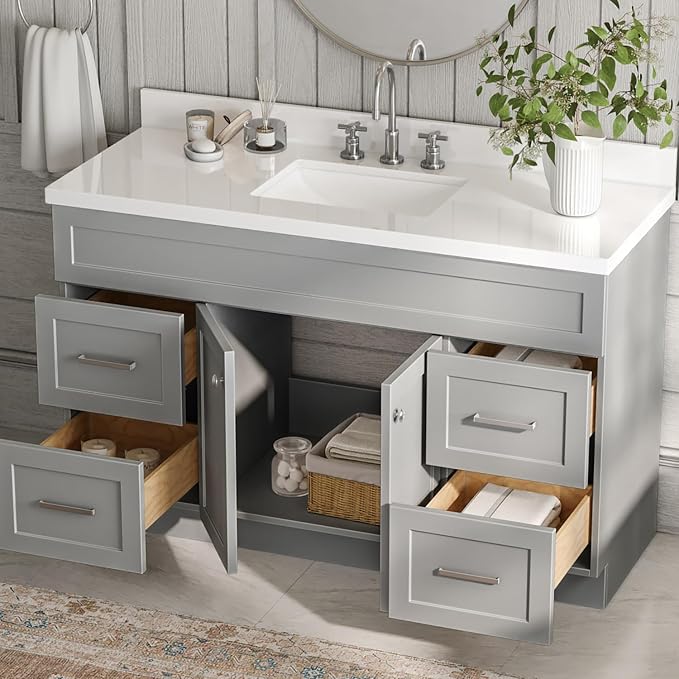 ARIEL 55" Grey Bathroom Vanity 1.5" Edge Pure White Quartz Countertop & Splash - Image 3