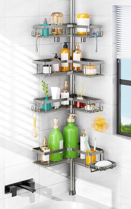 HAMITOR Shower Caddy Tension Pole: 4-Tier Corner Rustproof Bathroom Organizer by HAMITOR
