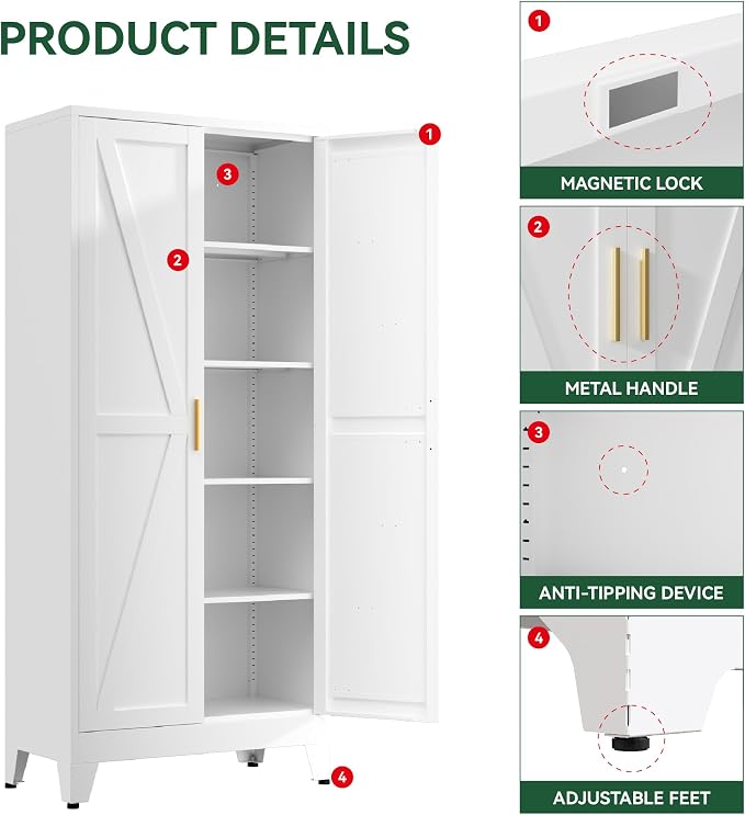 Metal Cabinets with Barn Doors and Adjustable Shelves, 5-Tier Storage Cupboard - Image 6