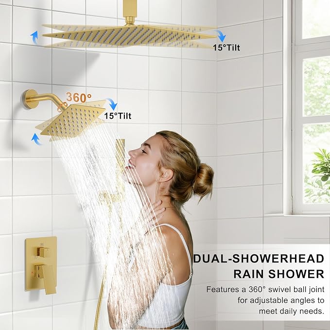 Shower Faucet Set, Ceiling Mount Rainfall Shower Head System 12" + 6" Dual Rain - Image 3