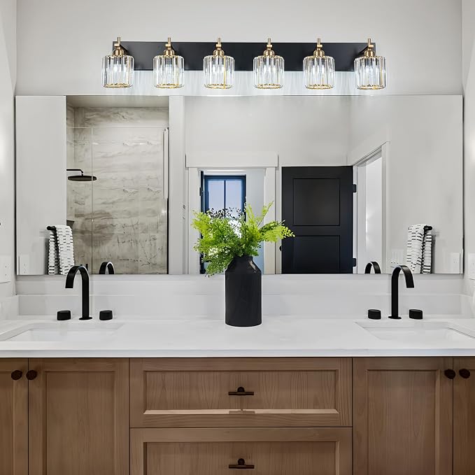6-Light Crystal Bathroom Vanity Light, Modern Black Gold Bathroom Light - Image 3