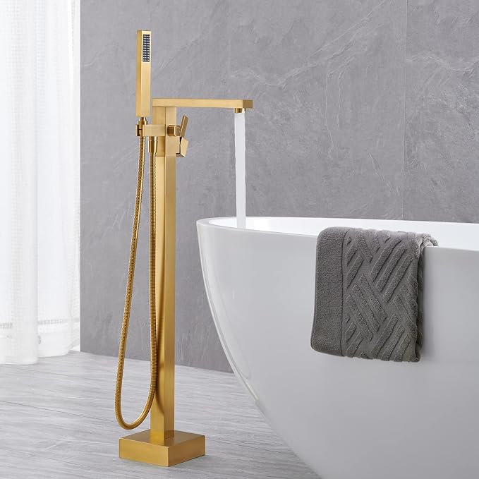 Freestanding Bathtub Faucet Tub Filler Brushed Gold Floor Mount Bathroom - Image 3
