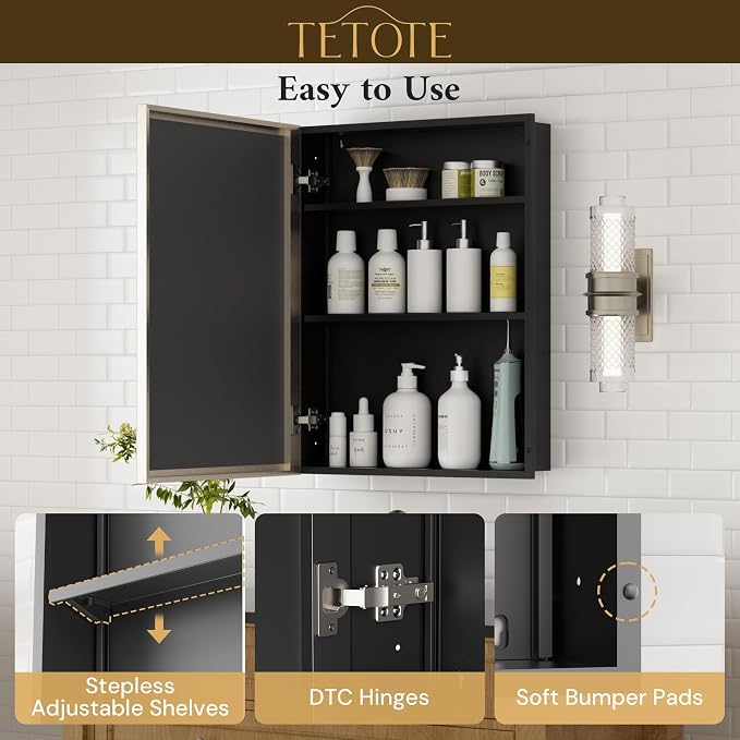 TETOTE Brushed Nickel Medicine Cabinet 24" x 30" Bathroom Mirror - Image 8