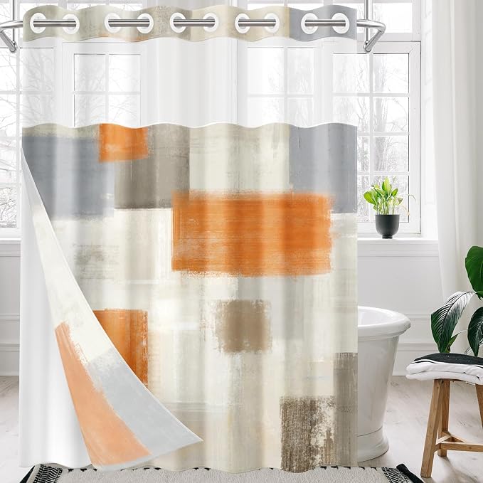 No Hook Grey Beige Orange Painting Shower Curtain - Image 7