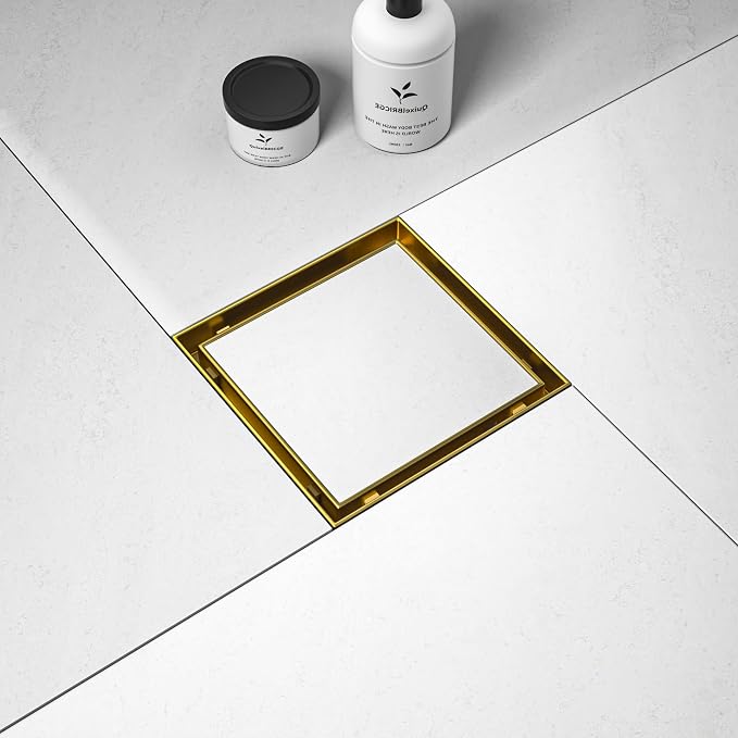Square Shower Drain 6", Brushed Gold Floor Drain by Bernkot