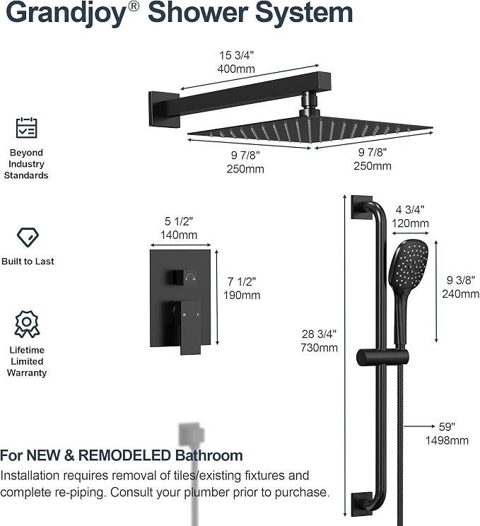 Matte Black 10 Inch Rainfall Shower System - Image 9