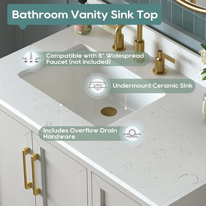 36 Inch Bathroom Vanity with Sink Combo, Solid Wood Frame with Mable Top - Image 5