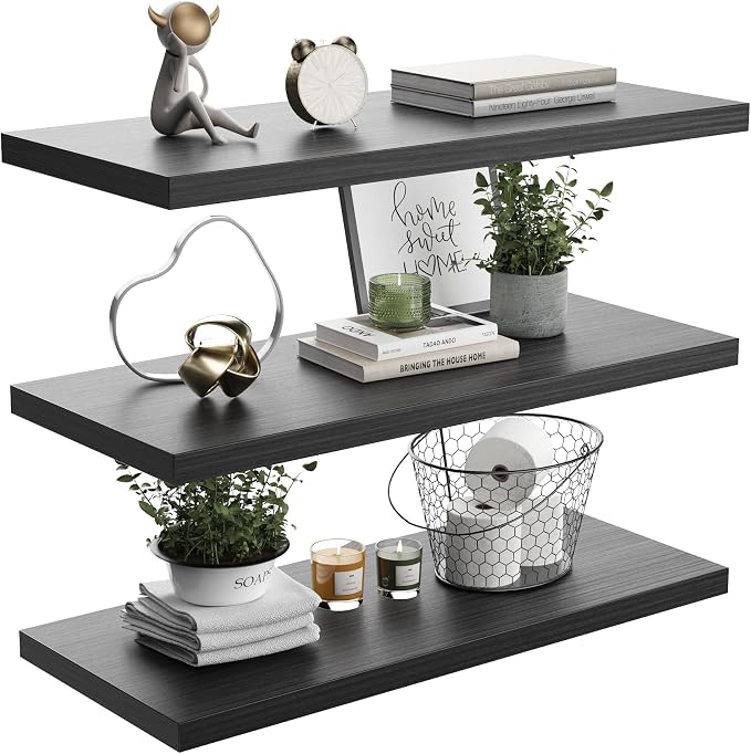 Wall Shelf Set of 3, Dark Wood Floating Shelves 24 in W x 10 in D x 1 in H by Home