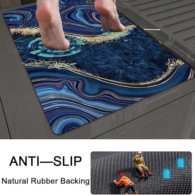 Bath Mat Rug, Dark Blue Gold marbleNon Slip Quick Dry Super Absorbent Thin - Image 5