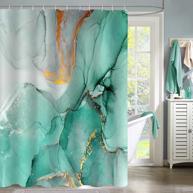 Gibelle Abstract Marble Shower Curtain, Teal Green Jade Texture Gold Stripes by Gibelle