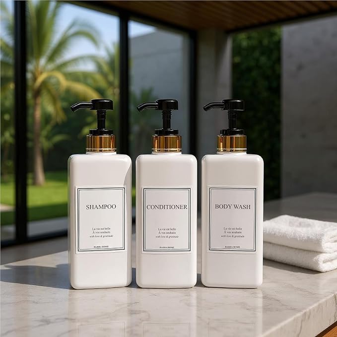 Modern Gold Design Pump Bottle Set 27 oz Refillable Shampoo and Conditioner - Image 8