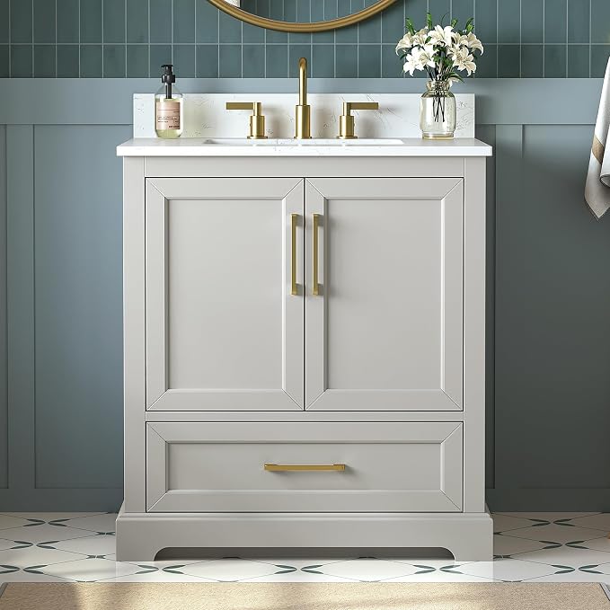 30 Inch Bathroom Vanity with Sink Combo, Solid Wood Frame with Mable Top by DELUXELIVING