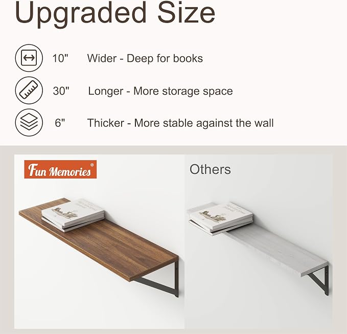 10 Inch Deep Floating Shelves, Walnut Floating Shelves 30 Inch Long, Rustic - Image 4