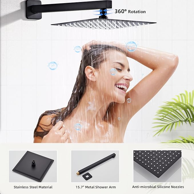 Shower Faucet Set, Matte Black Rainfall Shower System Complete Wall Mounted - Image 4