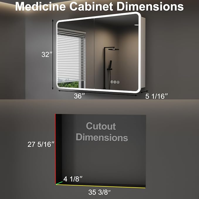 Medicine Cabinet with LED Lights and Mirror, 36 x 32 Inch Surface or Recessed - Image 2