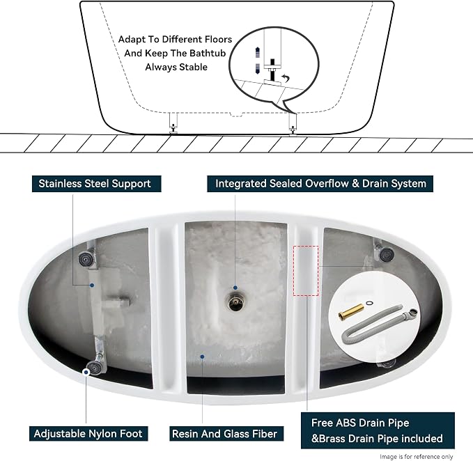 FerdY Tahiti 67" Freestanding Bathtub Elegant Oval Shape, Glossy White Double - Image 6