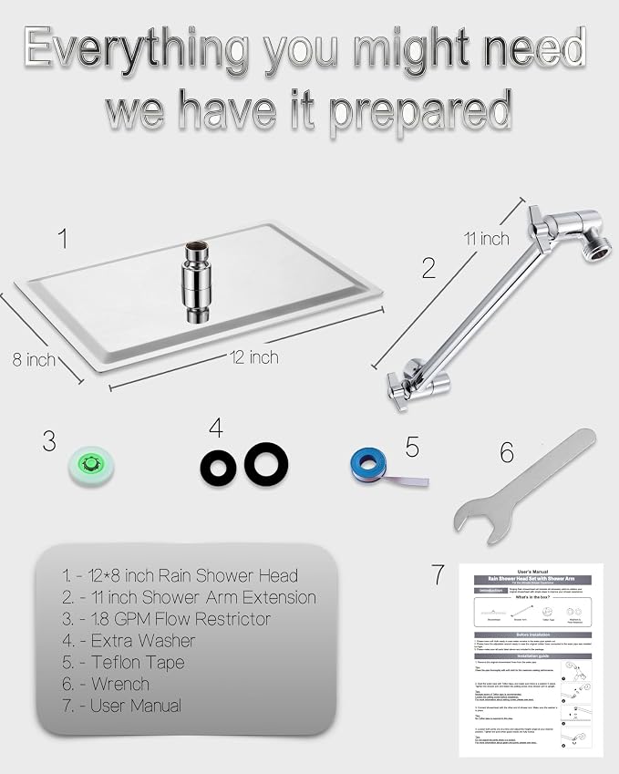 All Metal Rain Fixed Shower Head, 12 * 8'' High Pressure Rainfall Rectangle - Image 6