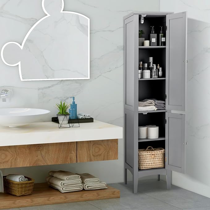 COSTWAY Tall Bathroom Storage Cabinet, 5-Tier Freestanding Linen Tower Cabinet - Image 4