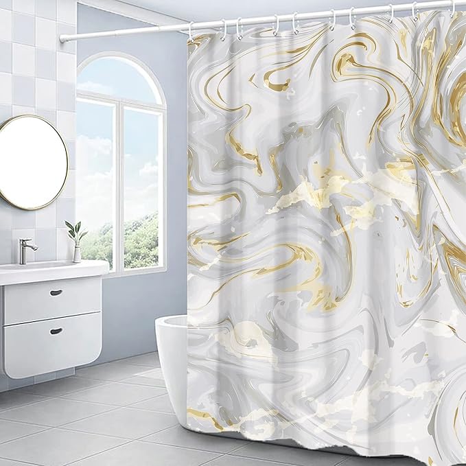 Domoku Grey Gold Marble Shower Curtain, Waterproof Texture Washable Fabric - Image 8