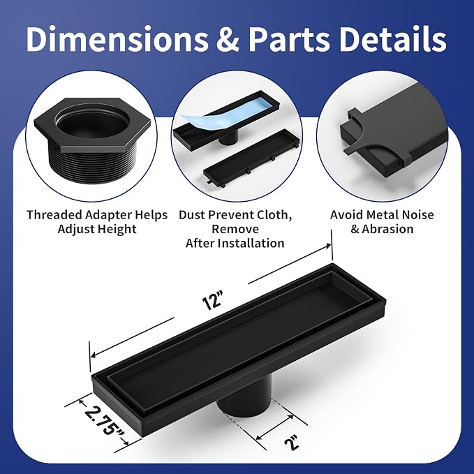 Linear Shower Drain 12", Matte Black Floor Drain - Image 4