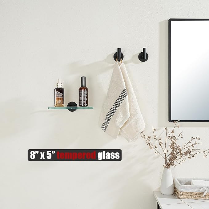 JQK Bathroom Glass Shelf Black, Tempered Glass Shower Storage 8 by 5 inches - Image 2