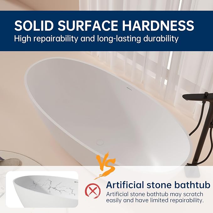65'' Freestanding Bathtub Resin Stone Soaking Freestanding Tubs Matte Solid - Image 8