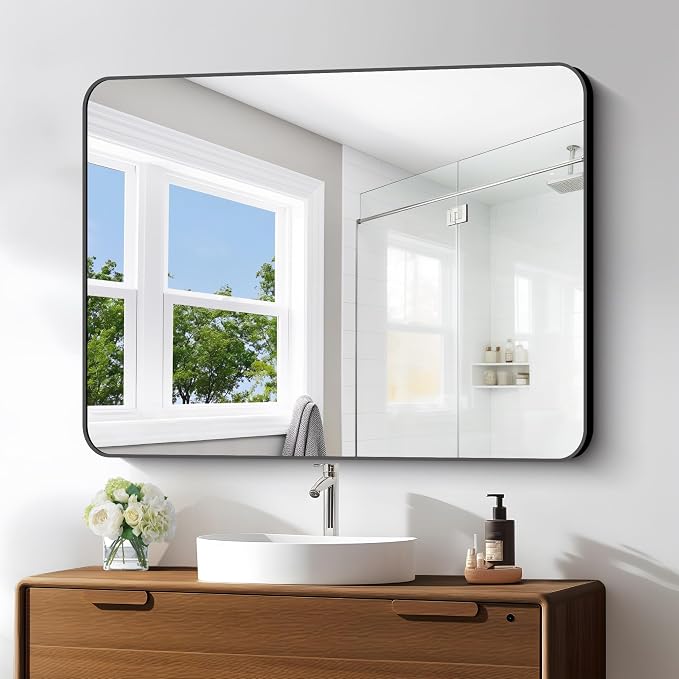 BONEWEI 30x40 inch Bathroom Mirror, Wall Mounted Bathroom Frame Vanity Mirror by BONEWEI