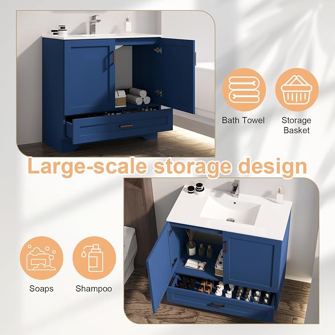 30 inch Bathroom Vanity with Sink, Modern White Vanity - Image 4