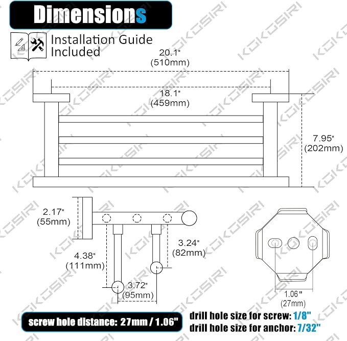 KOKOSIRI 20 Inch Towel Rail Towel Shelf - Image 2