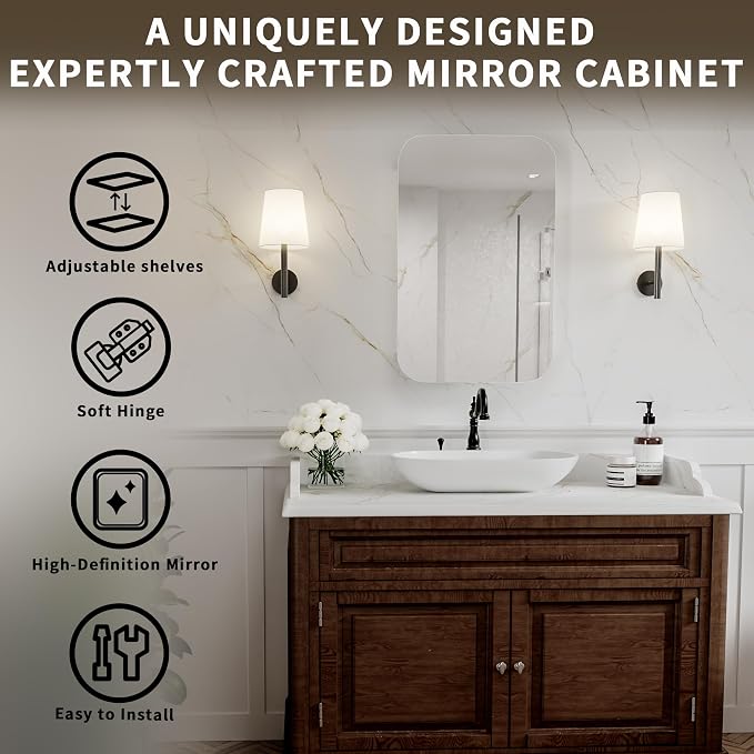 20x31 Medicine Cabinet Mirror for Bathroom, Aluminum Frame, Recessed/Surface - Image 6
