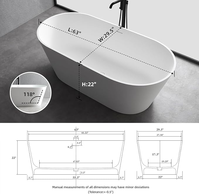 63'' Freestanding Solid Surface Resin Stone Bathtub, Freestanding Tub, - Image 4
