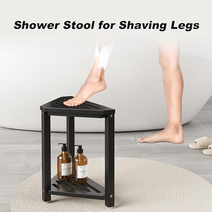 14" Acacia Wood Corner Shower Stool, Shower Foot Rest - Image 2