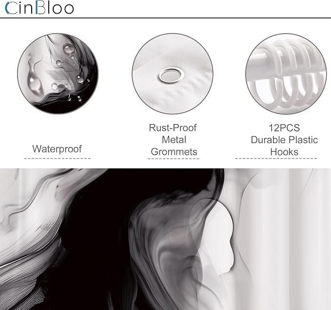 Cinbloo Black and White Shower Curtain 60Wx72H Abstract Bathroom Decor - Image 6