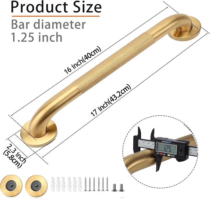 Shower Grab Bar, 2 Pack 16 Inch Gold Bathroom Grab Bar, 1.25" Diameter 304 - Image 2
