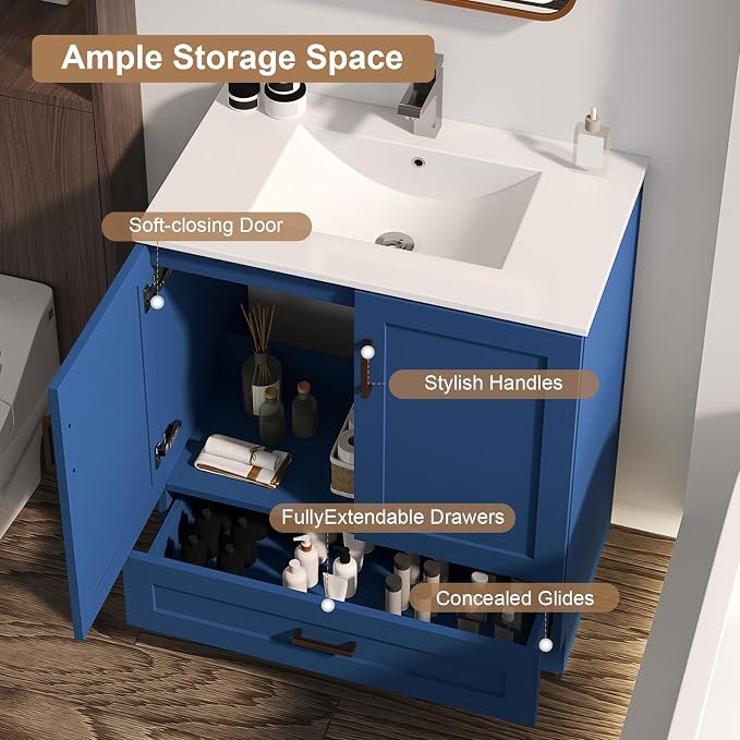 30 inch Bathroom Vanity with Sink, Modern White Vanity - Image 5