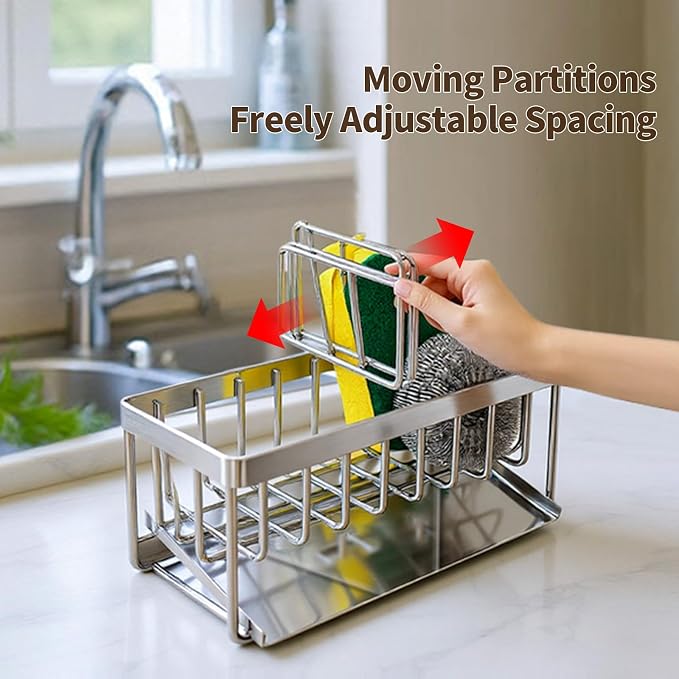 Sink Caddy Sponge Holder for Kitchen, 18/8 Stainless Steel Self Drain Tray - Image 4