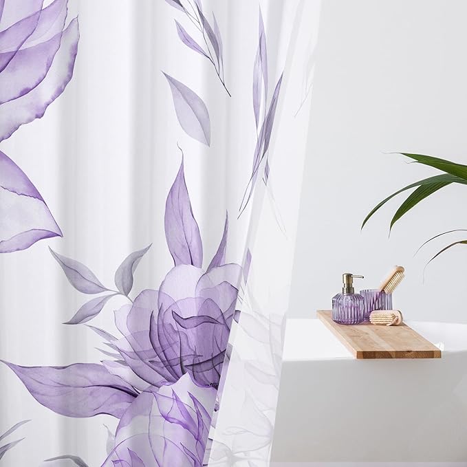 Purple and Grey Boho Watercolor Floral Shower Curtain, Ink Painting Style - Image 3