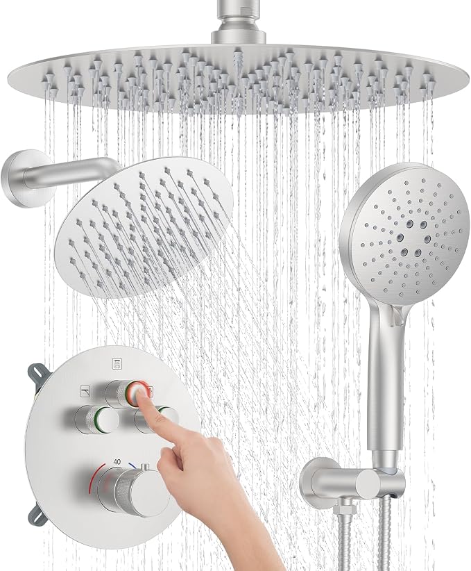 KOJOX Brushed Nickel Thermostatic Shower System, Push Button Diverter Shower by KOJOXSANITARY