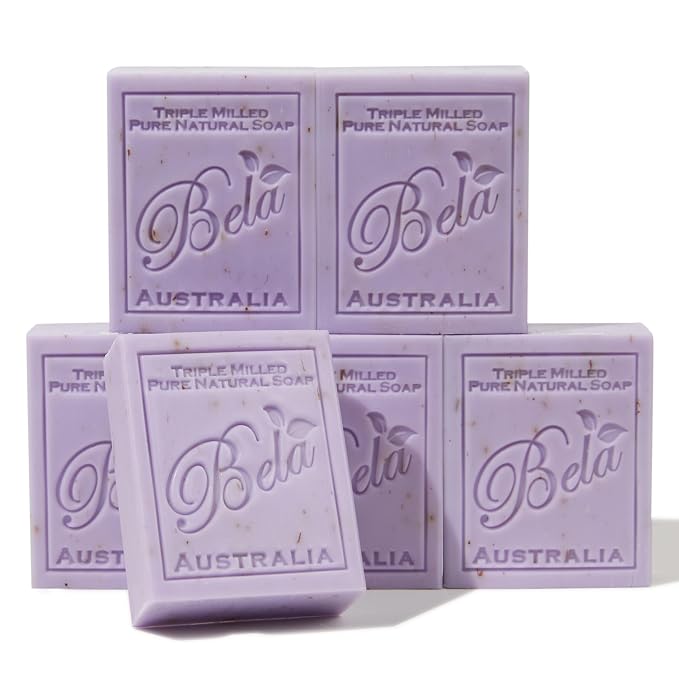 BELA Lavender Soap Bars 3.3 OZ Pack of 6, French Triple Milled Bar Soap by BELAPURENATURALSOAPSANDODORELIMINATINGHOMEFRAGRANCES
